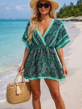 America & Beyond Boho Beach Cover Up Dress Paisley Pom Pom Trim